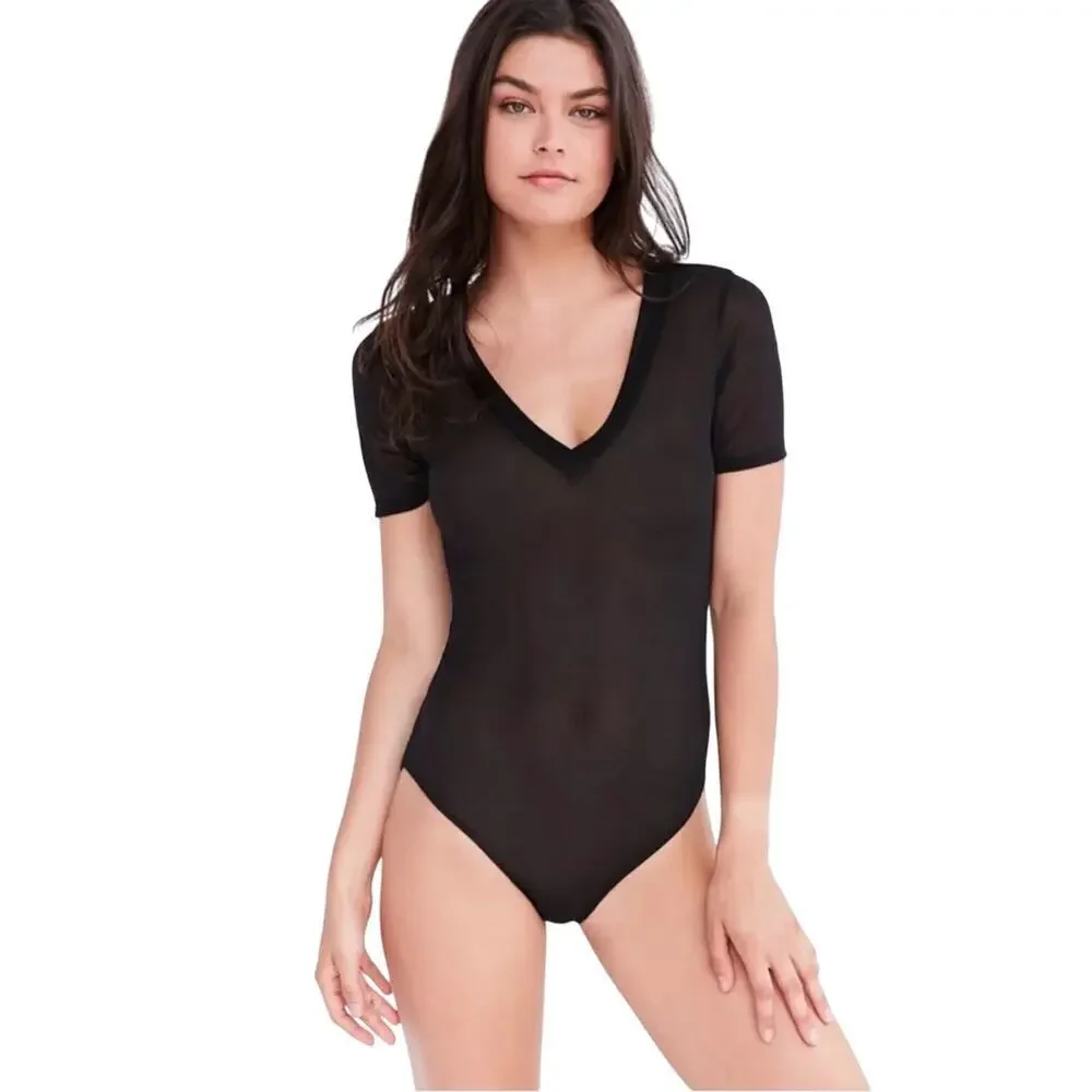 Urban Outfitters Sheer Mesh Black V-Neck Bodysuit NWOT Small - Picture 3 of 8